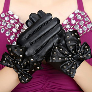 Vegan Leather Gloves with Studded Bow