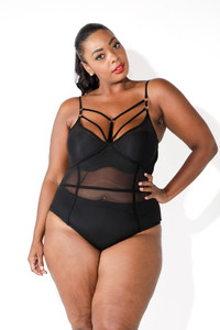 Black Strappy Mesh Queen Size Bodysuit 