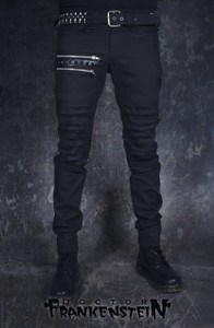 Black Wax with Studs and Zipper Details "Punk Rock" Jeans
