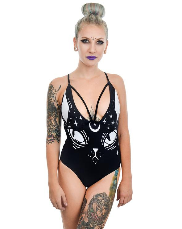 Witchy Black Cat Pentagram Strap One Piece Swimsuit Nuclear Waste