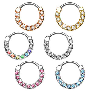CZ Paved Round Top 316L Surgical Steel Nose Septum/Ear Cartilage Clicker Rings