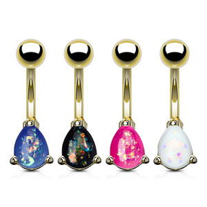 Opal Glitter Tear Drop Prong Set Gold IP Over 316L Surgical Steel Belly Button Navel Rings