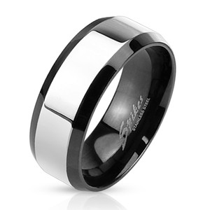Glossy Center with Beveled Edge Two Tone Stainless Steel Band Ring