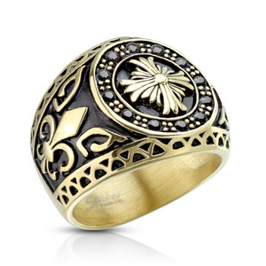 Black CZ Encircled Celtic Cross with Fleur De Lis Sides Gold IP Stainless Steel Casting Rings