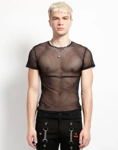 Unisex's Black Short Sleeve Fishnet Top