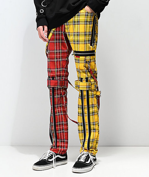 Split Yellow and Red Plaid Bondage Pants