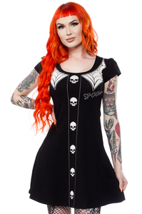 Spooky Girl Flare Dress with Wednesday Spider Web Collar