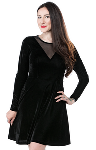 Black Velvet Long Sleeve Dress with Mesh V Neck