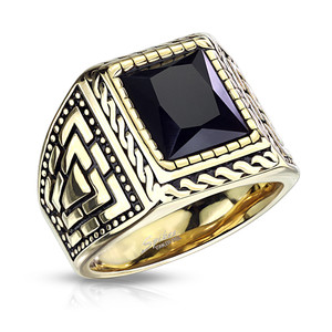 Stainless Steel Squared Onyx Gold Rope Ring