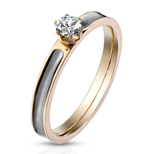 Black Enamel Filled Center Rose Gold Stainless Steel Band Ring with Cubic Zirconia