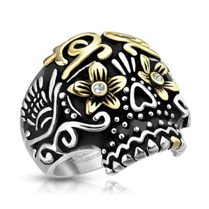 Sugar Skull Day of the Dead Gold Flowered Eyes Stainless Steel Casting Ring
