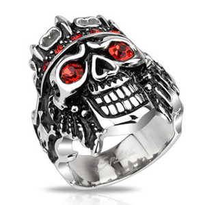 Skeleton Skull Pirate King with Red Cubic Zirconia Wide Cast Stainless Steel Ring