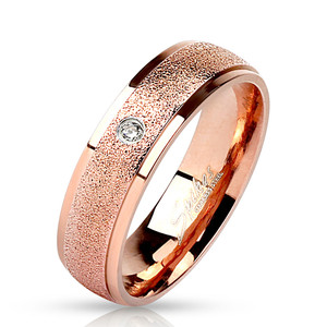 Rose Gold Clear Cubic Zirconia with Sand Blast Center Stainless Steel Ring