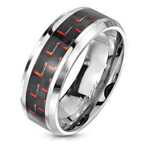 Black and Red Carbon Fiber Center Band Stainless Steel Ring