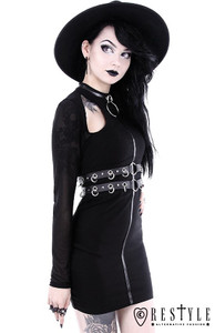 Ring Collared Black Gothic Pencil Dress