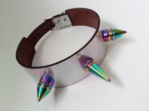 Holographic Leather Choker with Iridescent Spikes