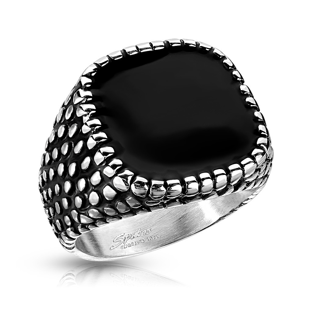 Black Enamel Square Dragon Skin Sides Stainless Steel Ring - Nuclear Waste