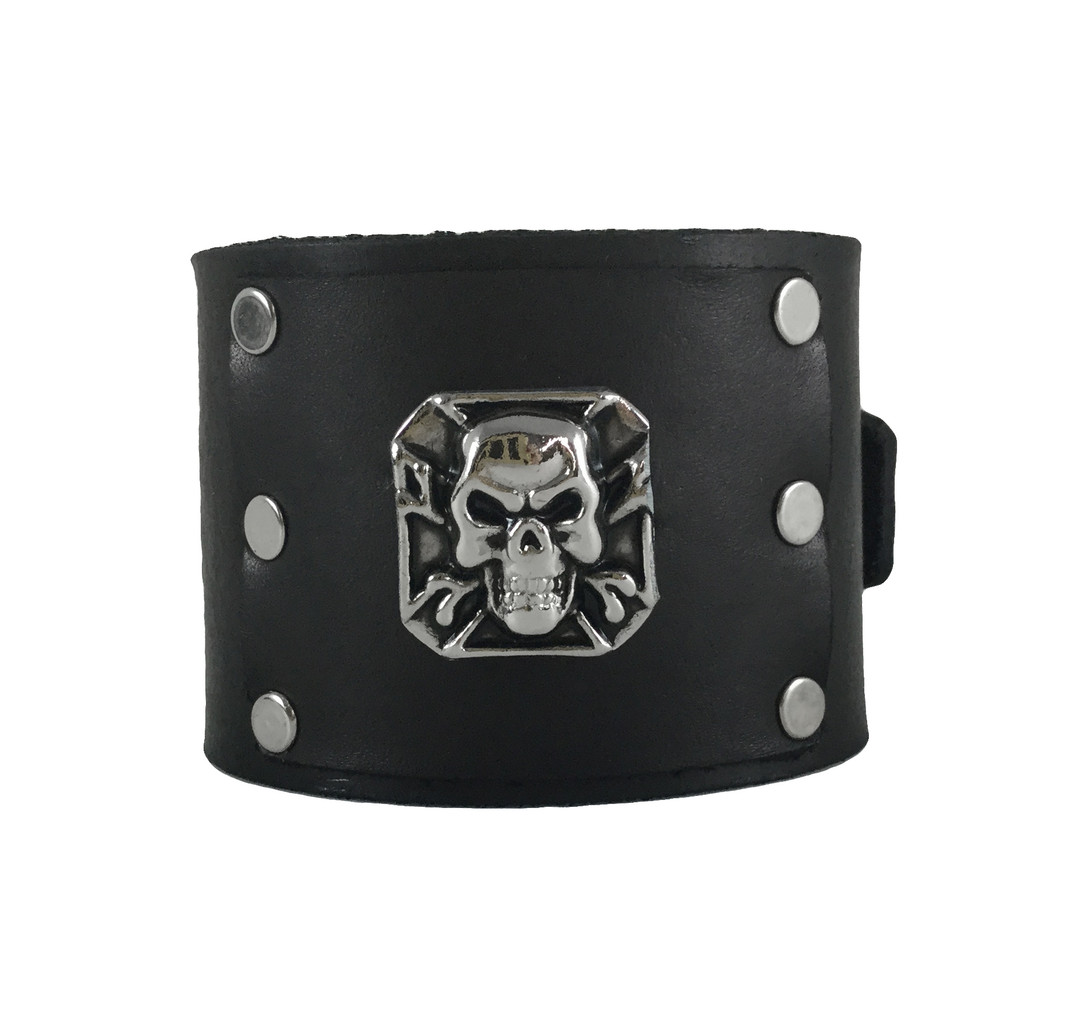G496 Black Cool Metal Skull Studded Biker Leather Bracelet Wristband Cuff Men's