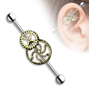 Surgical Steel Industrial 1 1/2" Barbell  with Steampunk Gears