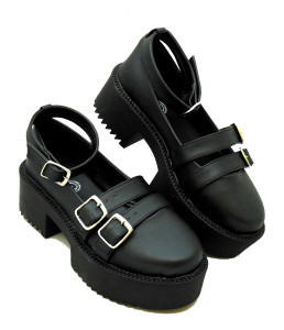 Black Strapped Platform Shoes with Buckles 