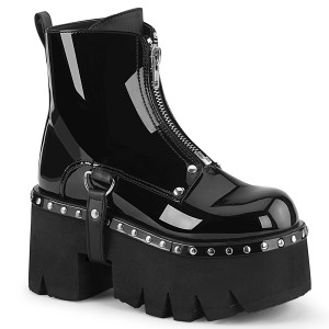 Black Vegan Chunky Cut Out Platform Studded Ankle Boots - ASHES-100