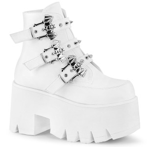 White Vegan Studded Bat Buckle Platform Ankle Boots - ASHES-55