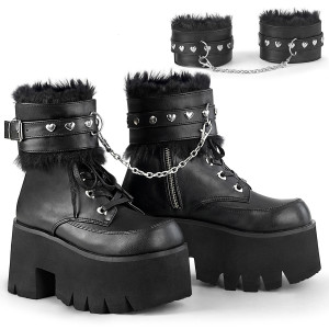 Black Vegan Platform Boots With Ankle Cuffs & Heart Studs - ASHES-57