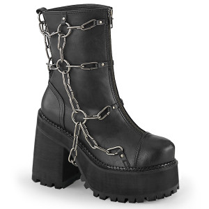 Metal Cage Chain Cleated Black Vegan Platform Ankle Boots - ASSAULT-66
