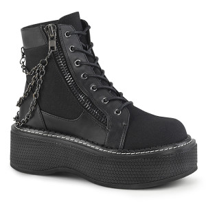 Black Vegan Padded Ankle Collar Platform Lace-Up Front Canvas Boots - Emily-114