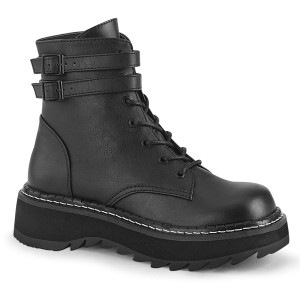 Black Vegan Double Buckle Platform Lace-Up Front Ankle Boots - Lilith-152