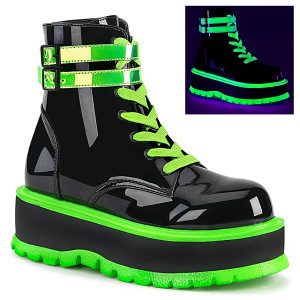 Black & Neon Green Lace-Up Platform Ankle Boots - SLACKER-52