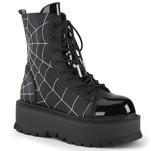Black Vegan Lace-Up Platform Ankle Boots With Spiderweb Detail - SLACKER-88