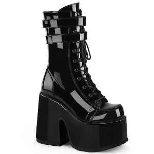 Black Patent Goth Lace-Up Platform Mid-Calf Boots - Camel-250