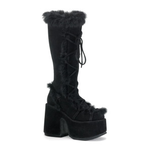 Black Vegan Furry Gogo Knee High Platform Boots - Camel-311