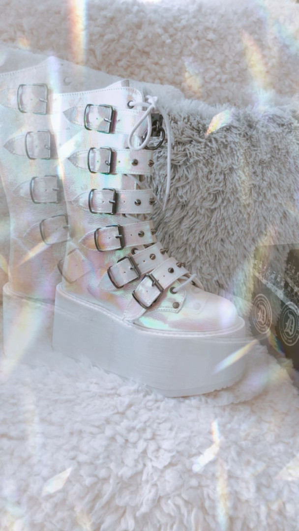 Pearl Iridiscent Studded Buckle Strap Platform Boots