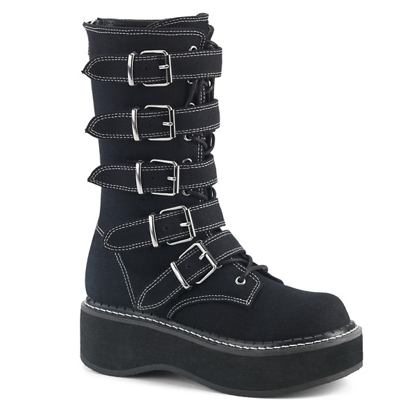 Black Canvas Platform Lace-Up Front Mid-Calf Boots