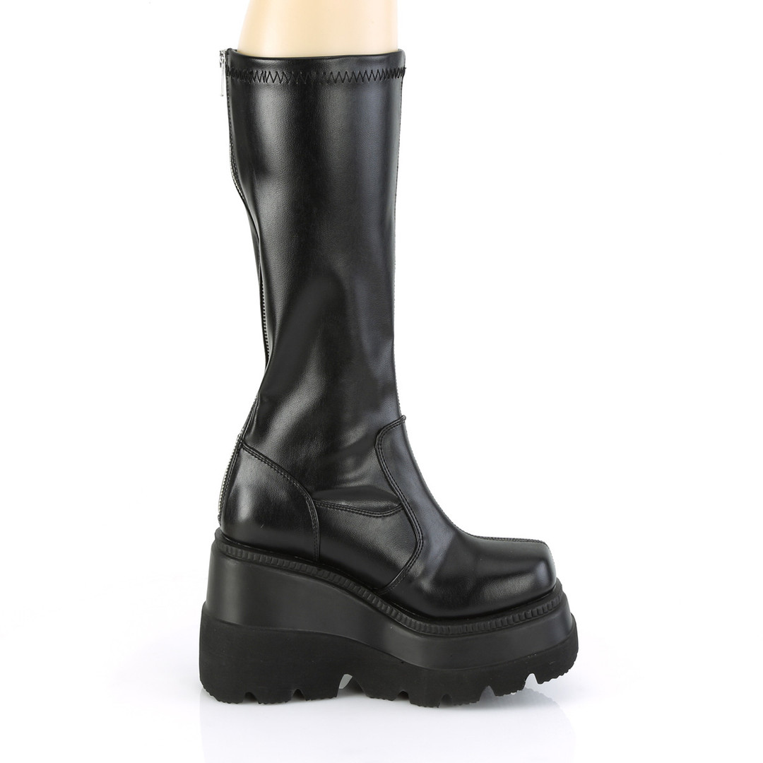 Black Vegan Stretch Knee High Boots with Wedge Platform