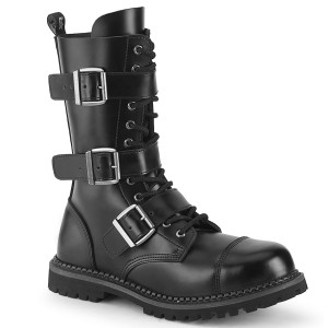 Black Leather Lace-Up Triple Buckle Steel Toe Combat Boots - Riot-12