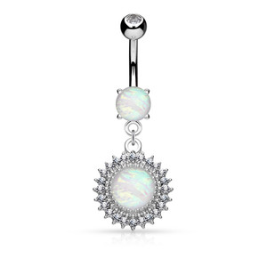 Opal Glitter Crystal Paved Round Belly Button Ring