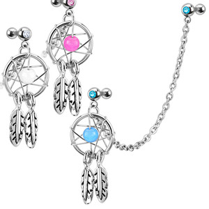 Dream Catcher with Gemmed Double Chain Linked Cartilage Barbell