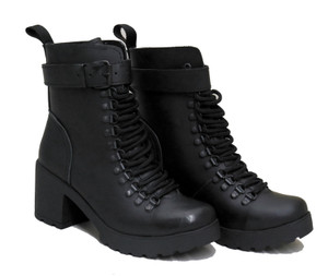 Womens Black Leather D-ring eyelets Platform Boots