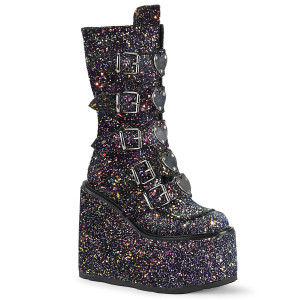 Black Glitter Platform Boots with Heart Metal Plates - Swing-230