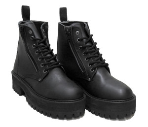 Black Leather Double Zipper Platform Combat Boots