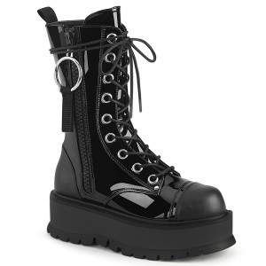 Black Vegan Platform Boots w/ Oversize O-Ring Zipper Pull - SLACKER-220