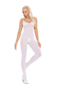White Opaque Body Stocking with Spaghetti Straps and Open Crotch