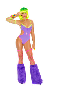 Neon Nites Lycra Teddy With Center Front Zipper, Ruffle Detail And Cut Out Sides