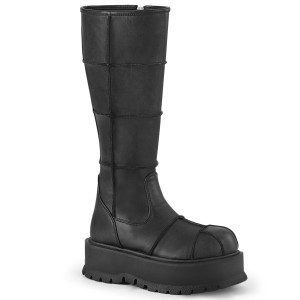 Black Vegan Knee High Platform Boots with Patch Details - SLACKER-230