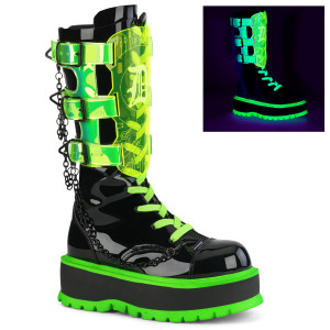 Black & Neon Green UV Blacklight Reactive Cyber Platform Boots - SLACKER-156