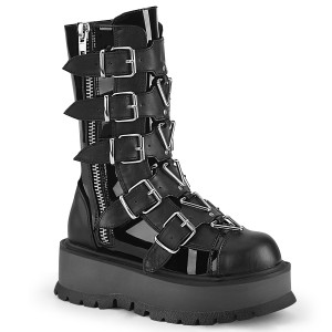 Black Vegan Platform Boots with Multiple Buckle Straps and Triangle Rings - SLACKER-160