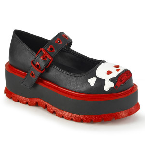 Black & Red Heart Studded Skull & Bones Vegan Mary Jane Platform Shoes - SLACKER-27